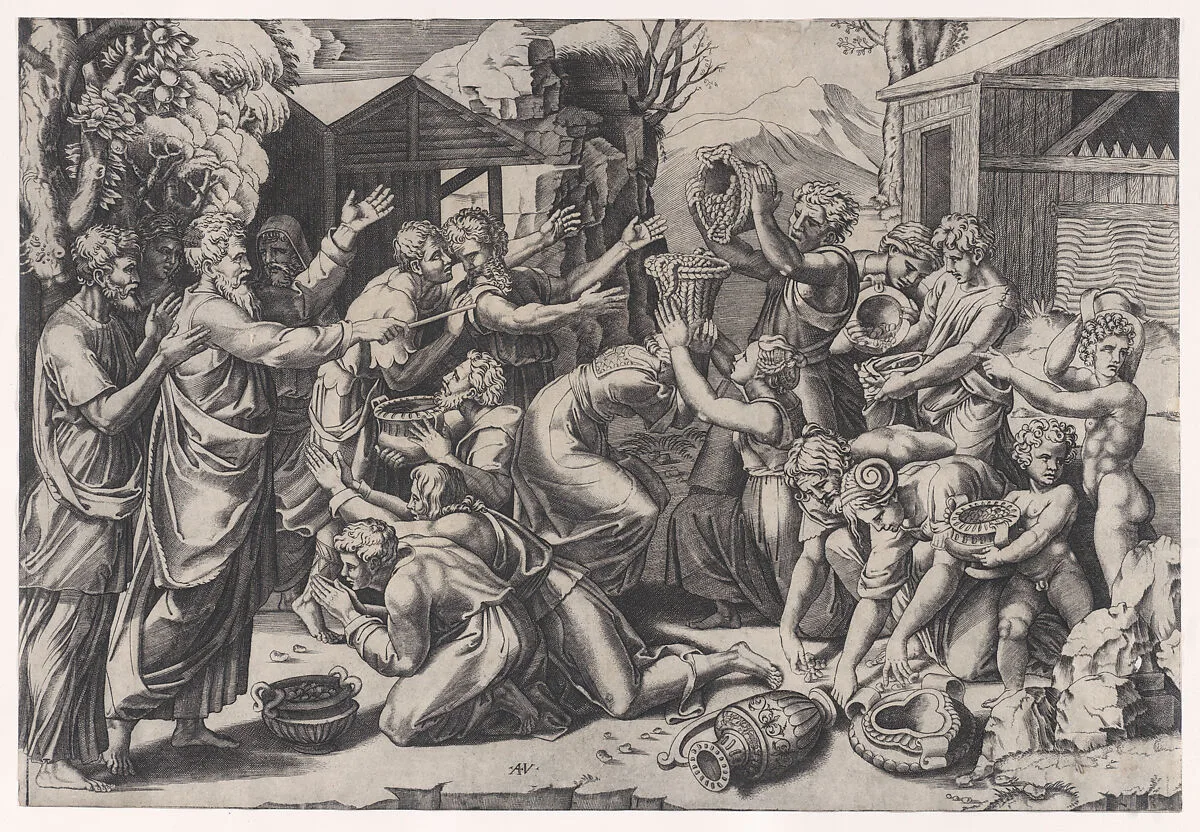 The Israelites Gathering Manna — Agostino Veneziano (Agostino dei Musi)|Raphael (Raffaello Sanzio or Santi)