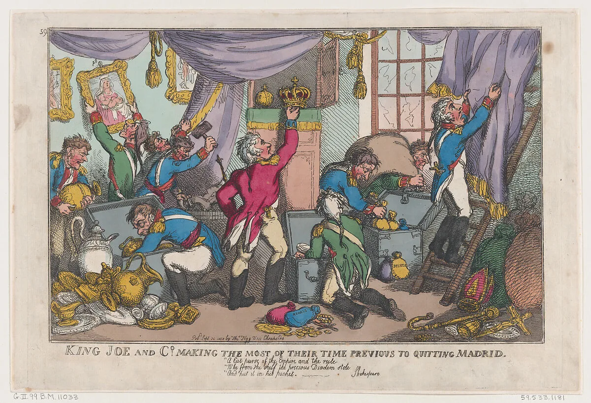 King Joe and Co. Making the Most Of Their Time Previous To Quitting Madrid — Thomas Tegg|George Murgatroyd Woodward|Thomas Rowlandson|Joseph Bonaparte