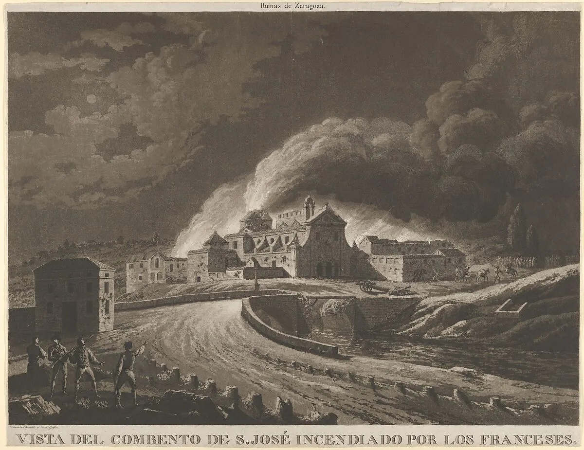 View of the Convent of San José in Saragossa set alight after bombing by the invading French army during the Napoleonic war in Spain — Fernando Brambila|Juan Galvez