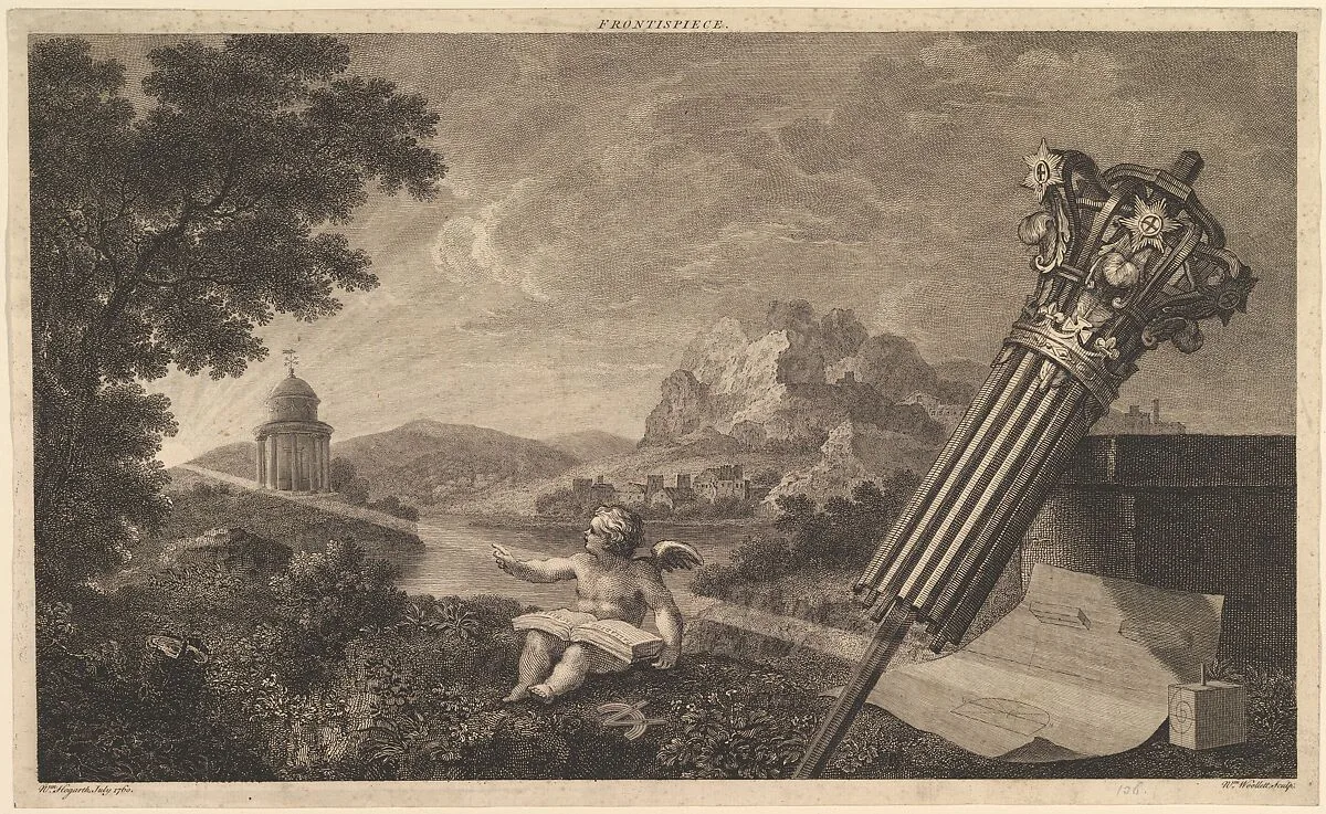Frontispiece to Joshua Kirby's "Perspective of Architecture" (1761) — William Hogarth|William Woollett|Joshua Kirby