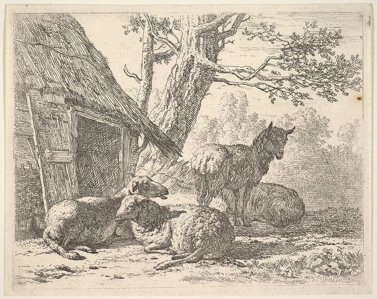Four sheep, one sheep stands among three others lying on the ground next to a shed with thatched roof and open door — Karel Dujardin