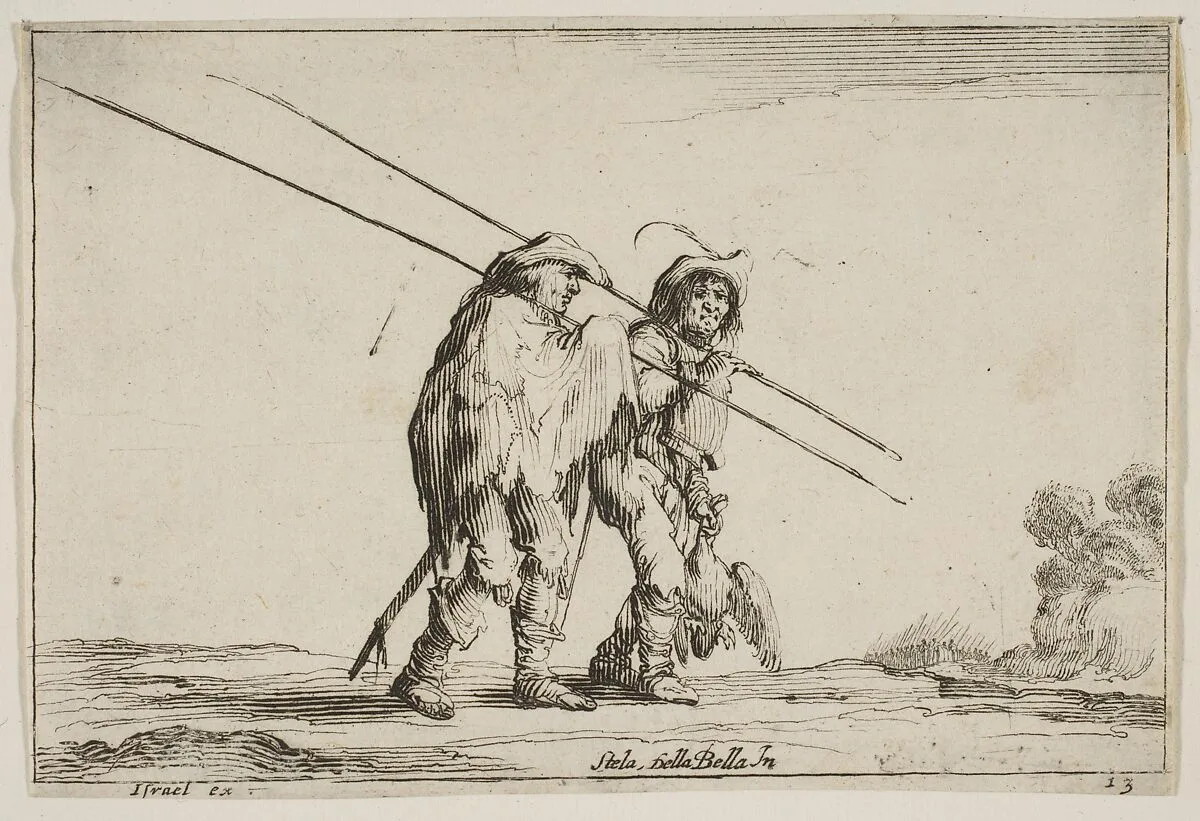 Two pikemen walking towards the right, each with their pikes in their right hands, plate 13 from "Various Figures" (Agréable diversité de figures) — Stefano della Bella|Claude Goyrand|Israël Henriet|Artus Gouffier Marquis de Boissy