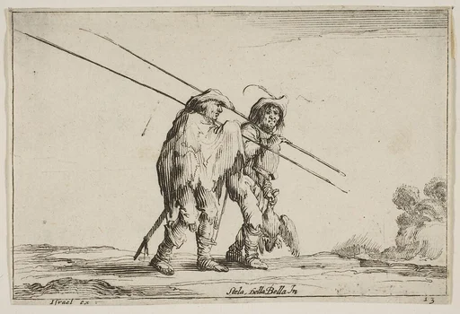 Two pikemen walking towards the right, each with their pikes in their right hands, plate 13 from "Various Figures" (Agréable diversité de figures)