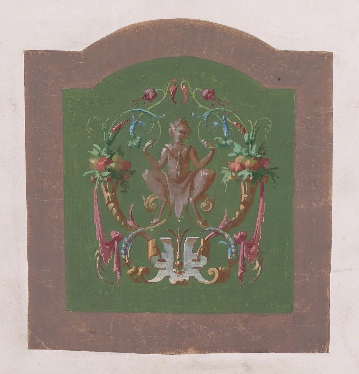 Design for a Chair Back Cover with a Squatting Half-Human Grotesque Figure Inside an Ornamental Frame Made of Two Cornucopias Holding Bundles of Leaves and Fruits and Scrolls of Leaves and Flowers — Anonymous, French, 19th century
