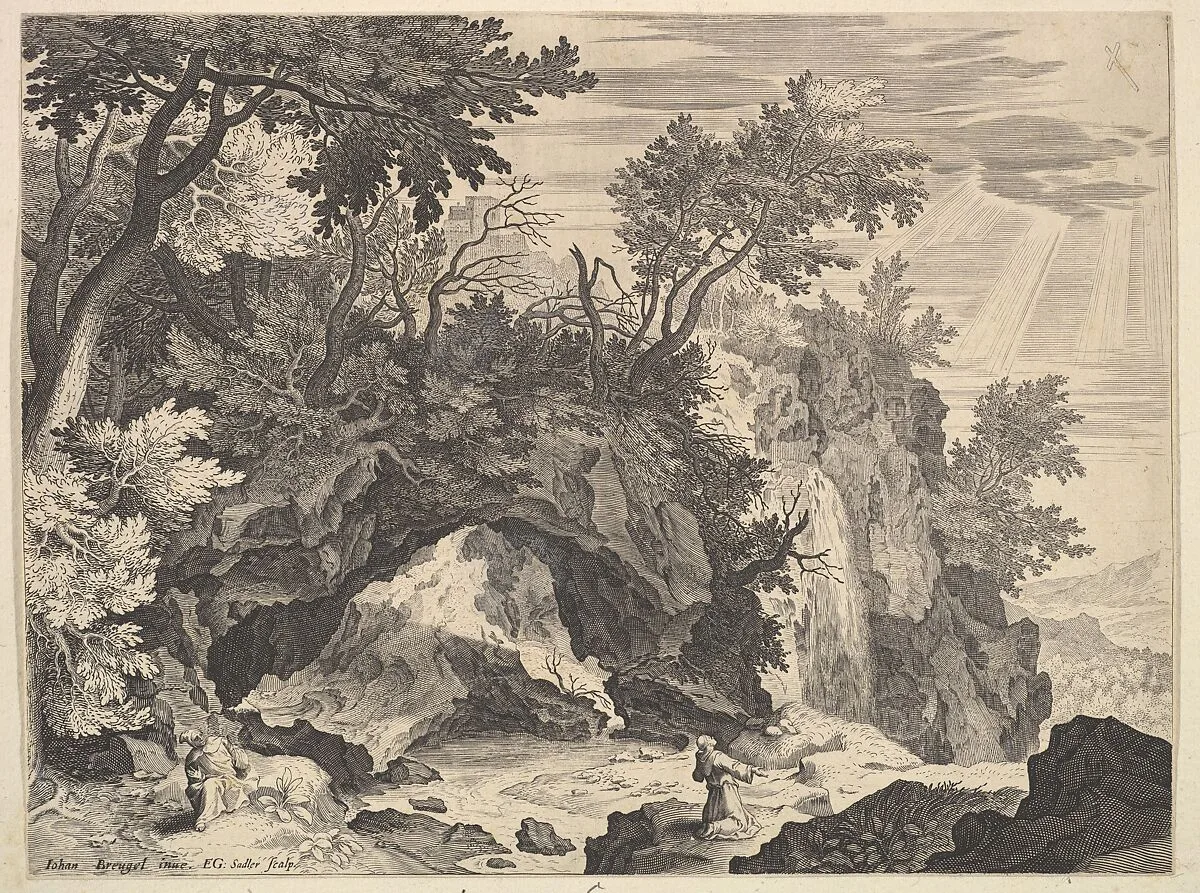 Rocky Landscape with the Stigmatisation of Saint Francis — Aegidius Sadeler II|Jan Brueghel the Elder