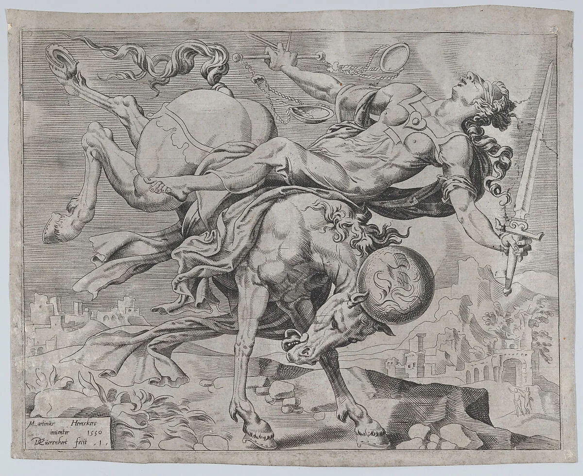 The World Disposing of Justice, from The Unrestrained World, plate 1 — Dirck Volckertsz Coornhert|Maarten van Heemskerck