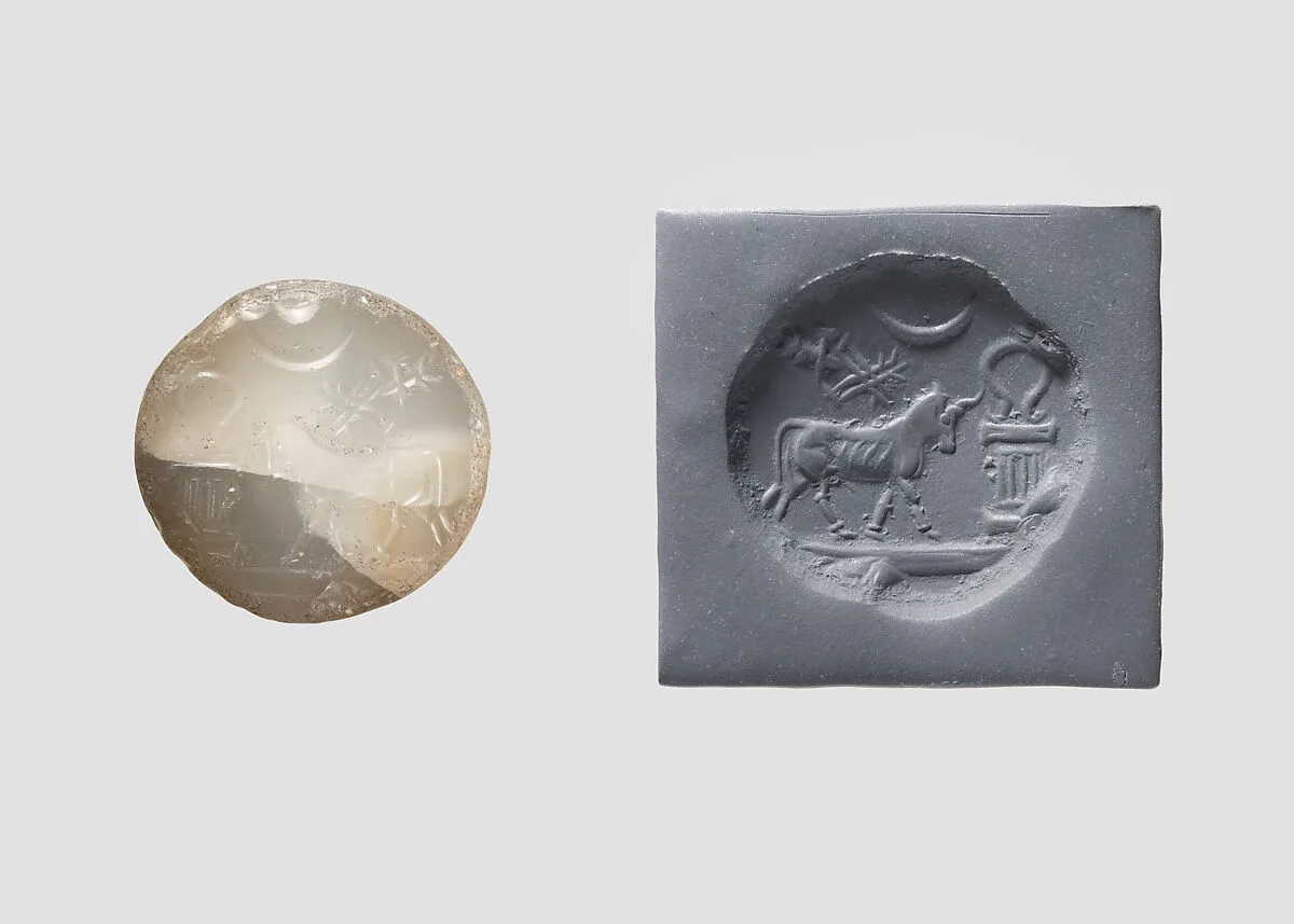 Stamp seal (conoid) with animal and divine symbols — Unknown