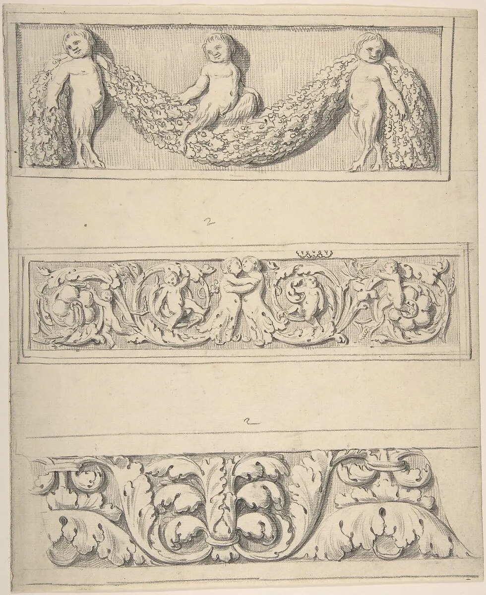 Three Frieze Designs with Young Satyrs, Leaves, Vines, and Putti — Thomas Hardwick