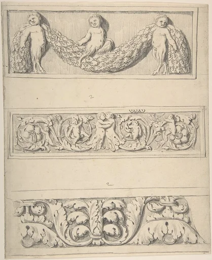 Three Frieze Designs with Young Satyrs, Leaves, Vines, and Putti