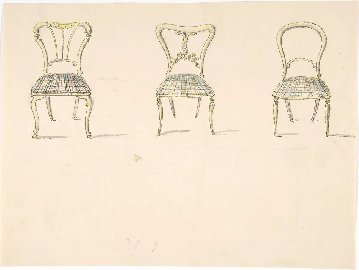 Design for Three Chairs with Curved Backs (verso: Sketch for a Sideboard) — Anonymous, British, 19th century