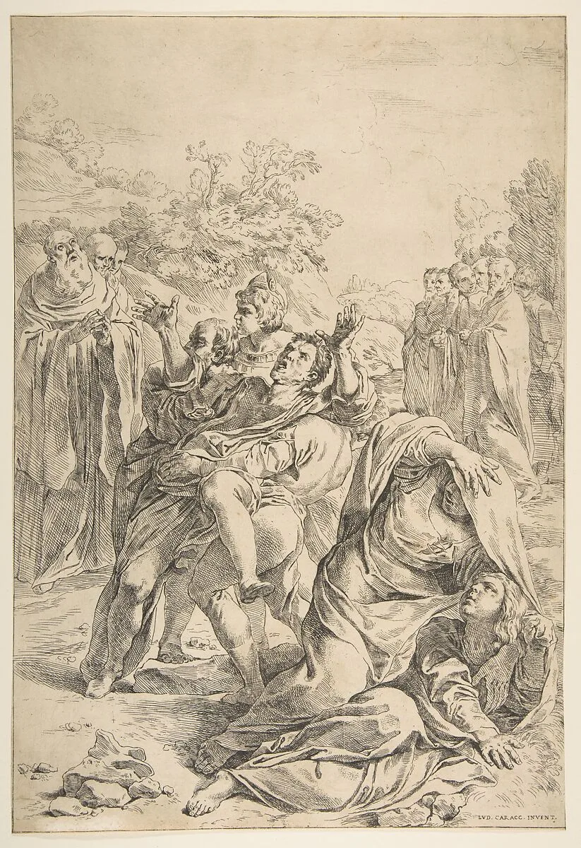 Saint Benedict exorcising a demon — Simone Cantarini|Ludovico Carracci