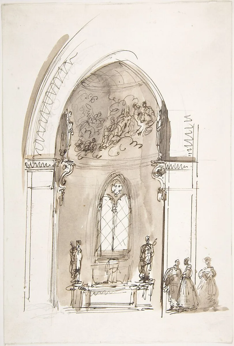 Chapel in a Gothic Church (recto); Outline sketch of an oval form (verso) — Giuseppe Bernardino Bison