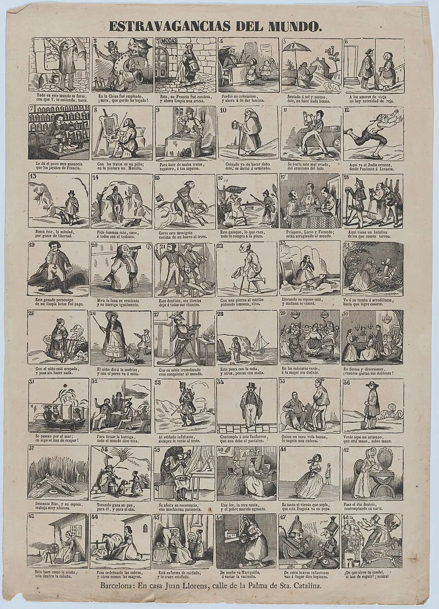 Broadside with 48 scenes showing extravagances of the world — Juan Llorens