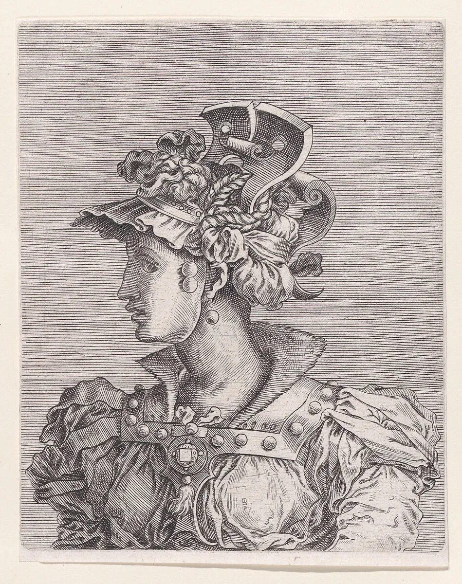 Bust of a Woman Wearing a Fantastic Head-dress and Mask — René Boyvin|Rosso Fiorentino