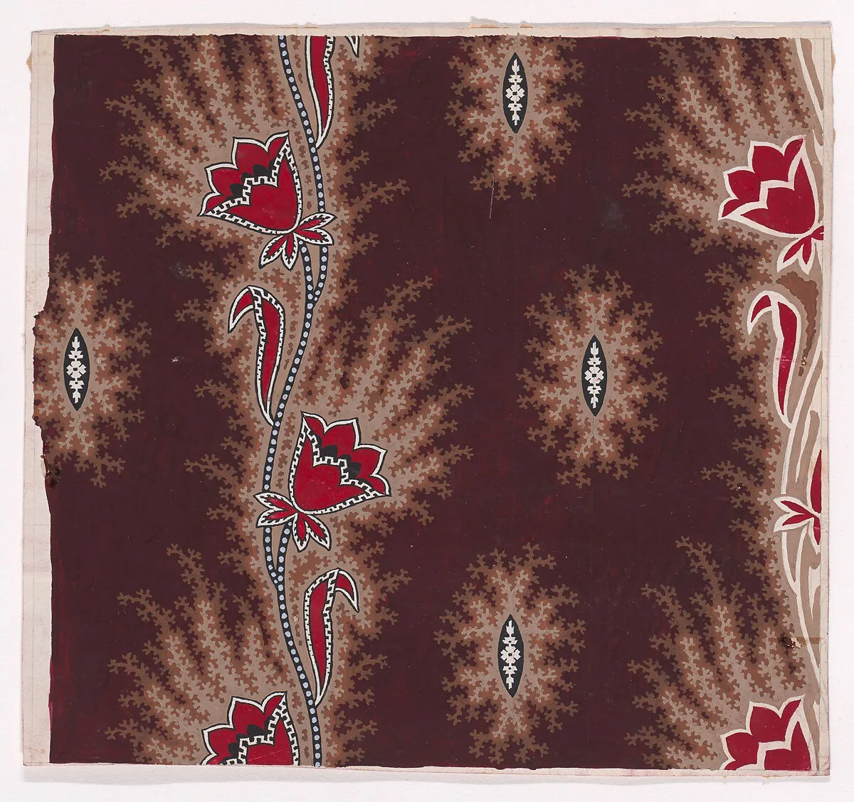 Textile Design with Vertical Garlands of Stylized Flowers and Leaves and Pearls with Offsetting Branches Separated by Vertical Rows of Alternating Shuttle-Shaped Motifs with a Small Rosette Flanked by Two Leaves with Offsetting Branches — Anonymous, Alsatian, 19th century