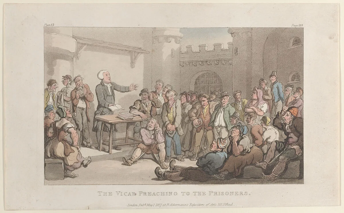 The Vicar Preaching to the Prisoners — Thomas Rowlandson|William Clowes|Oliver Goldsmith|Rudolph Ackermann, London