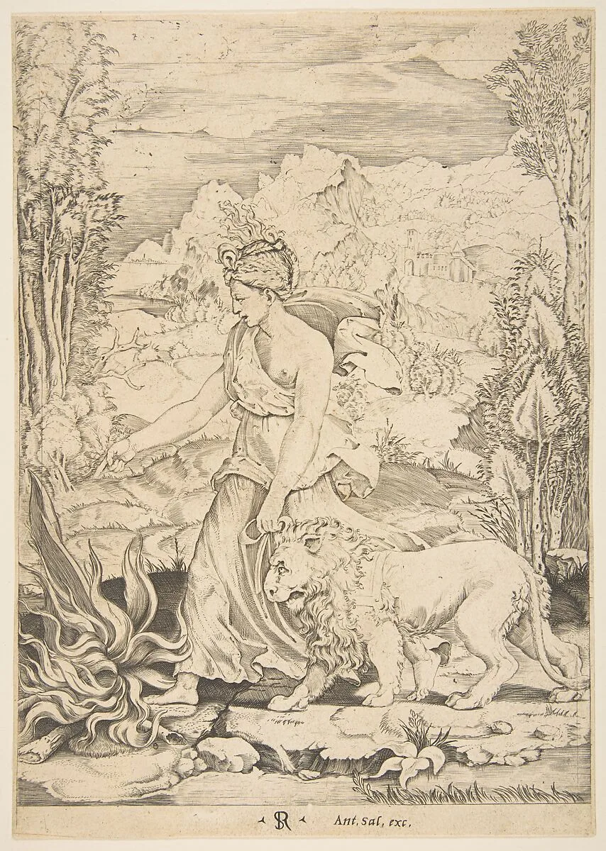 Fortitude in profile view walking toward a fire at left and leading a harnessed lion, a landscape in the background — Raphael (Raffaello Sanzio or Santi)|Marco Dente|Tommaso Vincidor (Tommaso di Andrea)|Antonio Salamanca