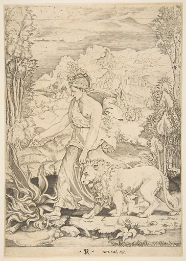 Fortitude in profile view walking toward a fire at left and leading a harnessed lion, a landscape in the background