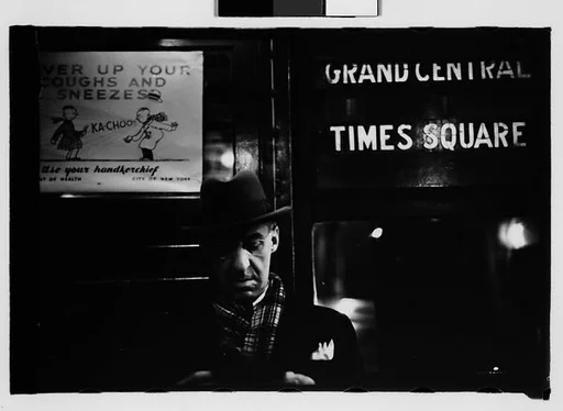 [Five 35mm Film Frames: Subway Passengers, Times Square Shuttle, New York City: Man Reading, Man, Woman in Headscarf and Fur Collar, Young Man in Billed Cap]