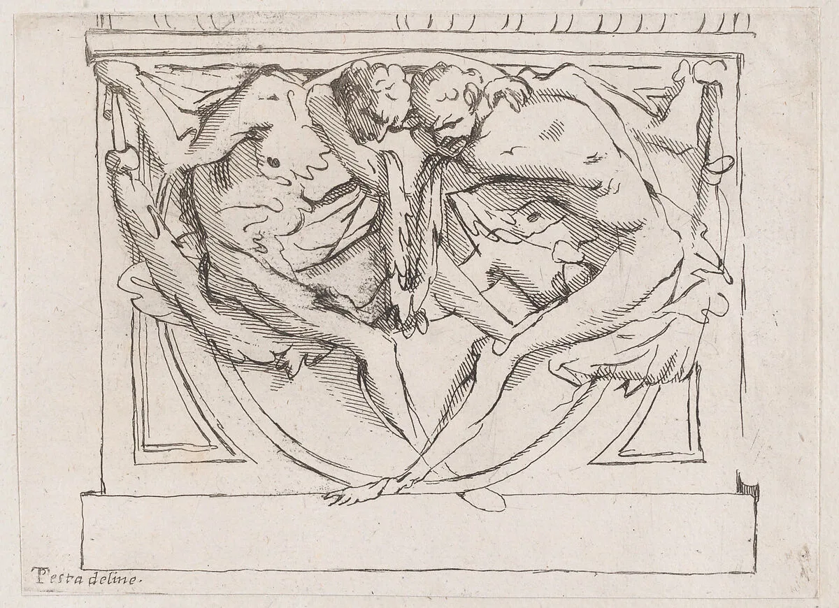 Stucco bas-relief with two male figures — Pietro Testa|Anonymous, 18th century