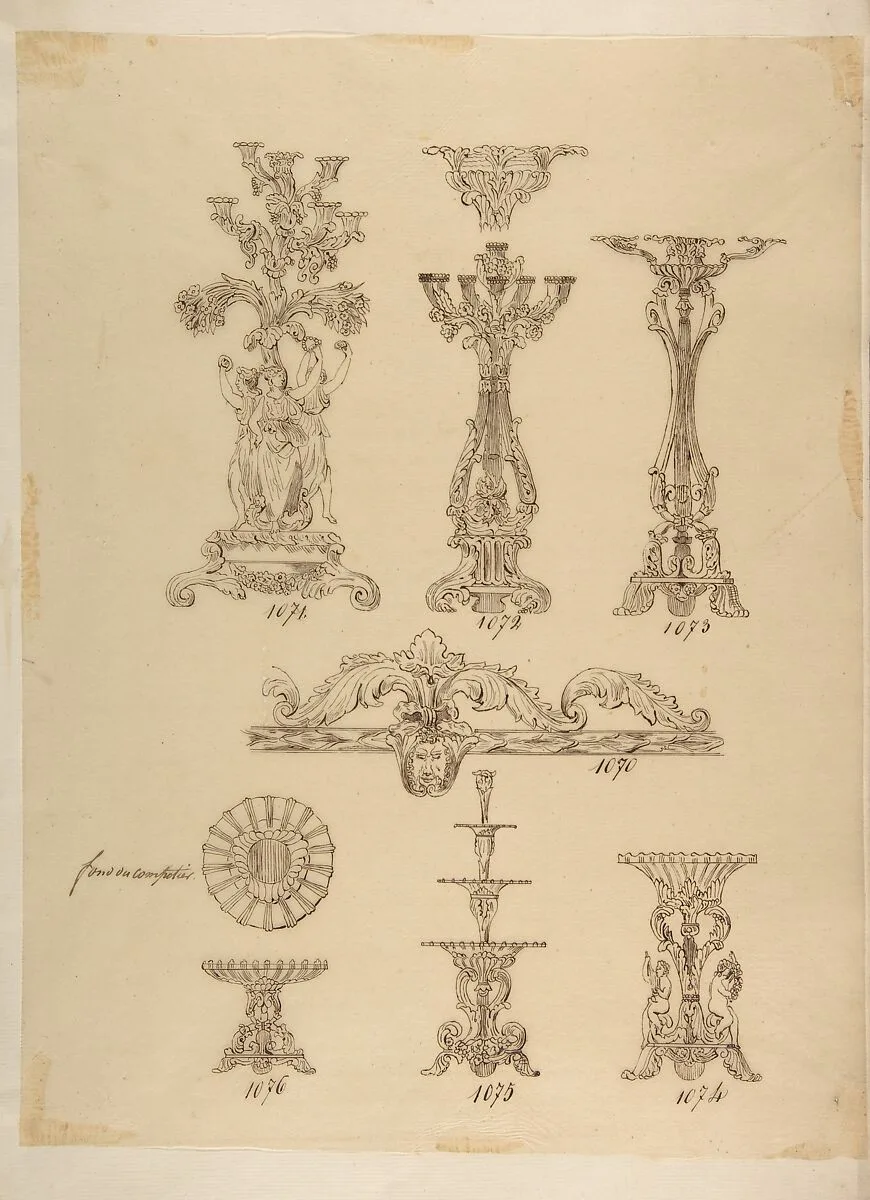 Designs for Three Candelabras, Two Fruit Dishes and a Server — Anonymous, French, 19th century