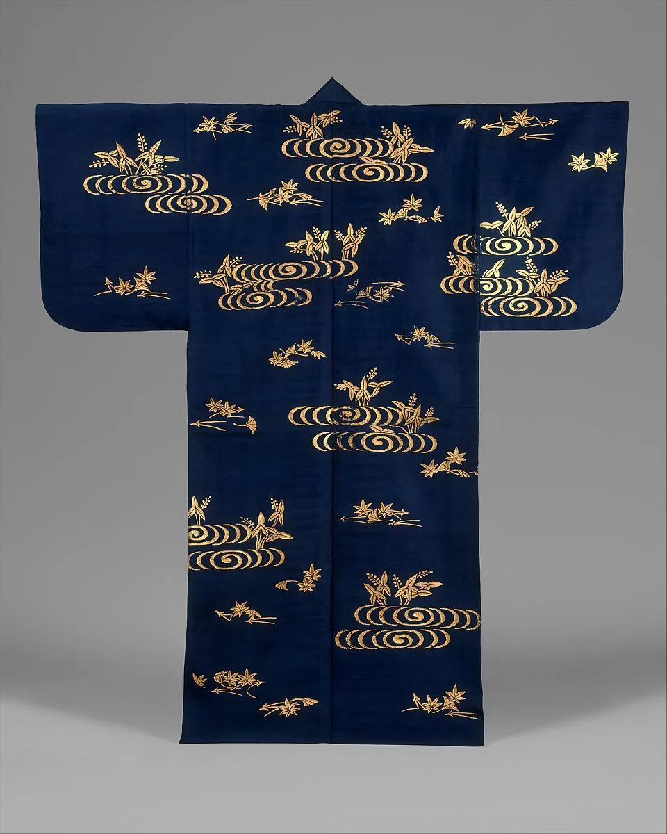 紺平絹地流水沢瀉模様摺箔|Noh Costume (Surihaku) with Water, Water Plants, and Leaves — Unknown