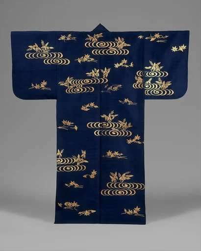 紺平絹地流水沢瀉模様摺箔|Noh Costume (Surihaku) with Water, Water Plants, and Leaves