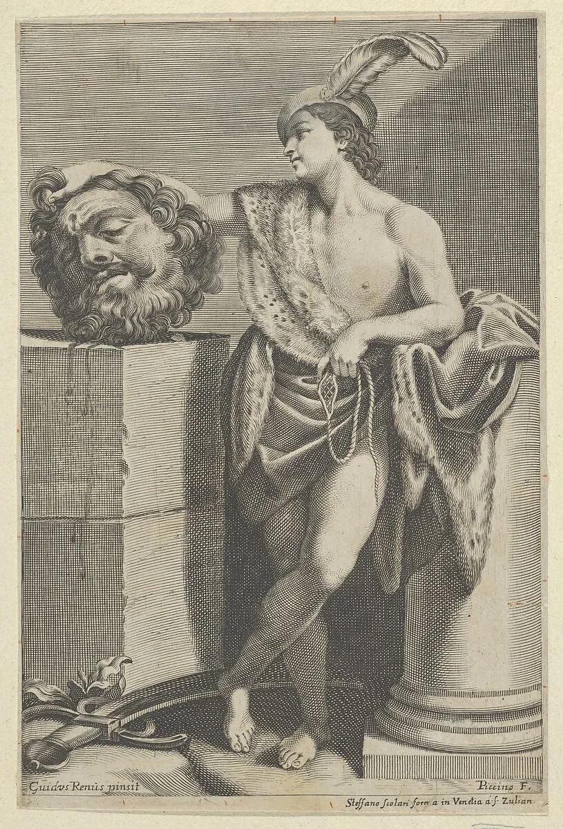 David standing with crossed legs and holding the head of Goliath on a pedestal at left, a sword on the ground, after Reni — Guido Reni|Giacomo Piccini|Stefano Scolari