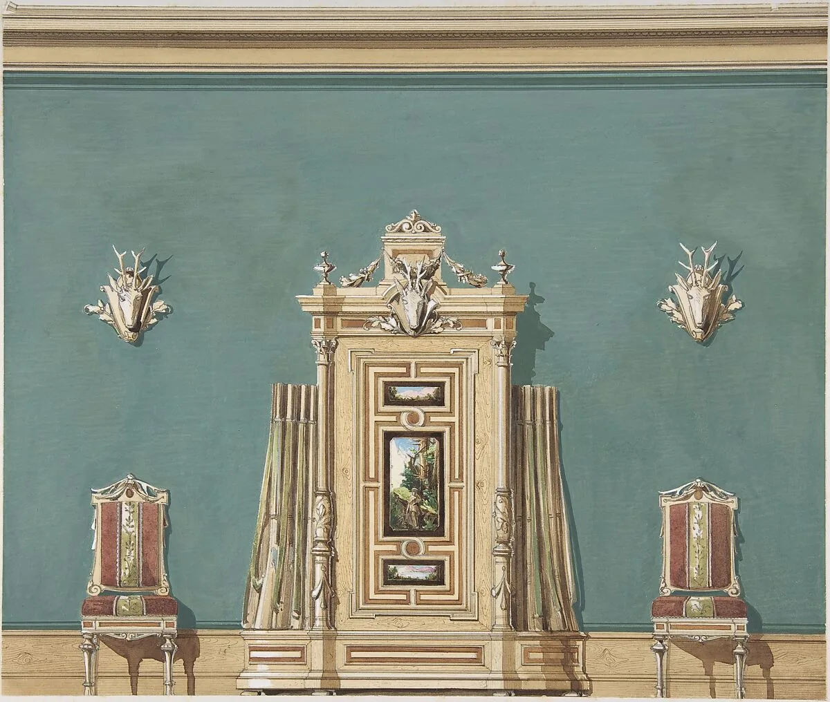Interior Design witha Gun Cabinet and Two Chairs against a Green Wall Adorned with Trophies — Anonymous, British, 19th century