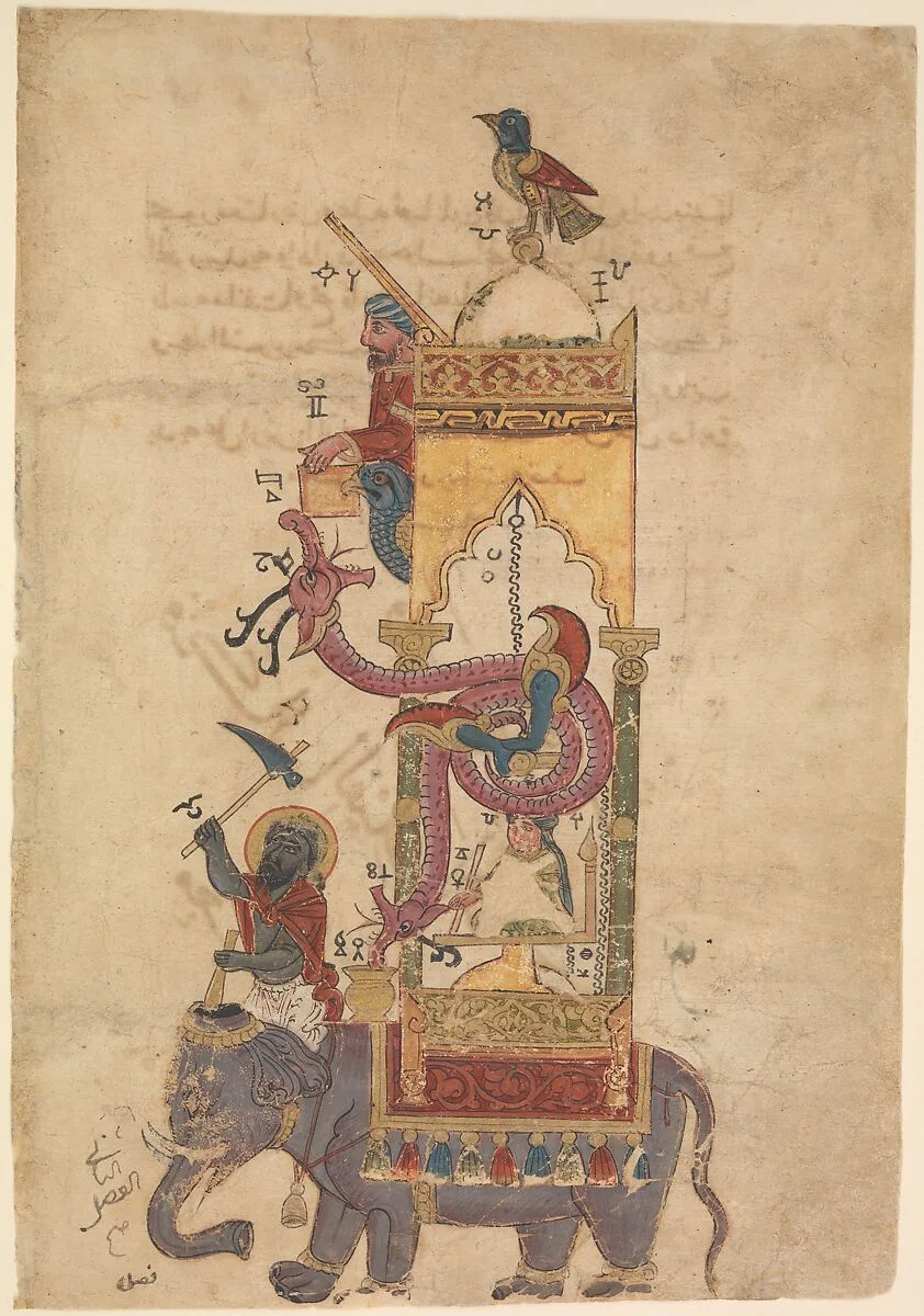 "The Elephant Clock", Folio from a Book of the Knowledge of Ingenious Mechanical Devices by al-Jazari — Badi' al-Zaman ibn al-Razzaz al-Jazari|Farrukh ibn `Abd al-Latif
