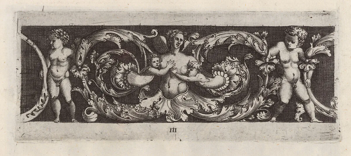 Frieze with Rinceaux, a Siren and Four Children — Enea Vico