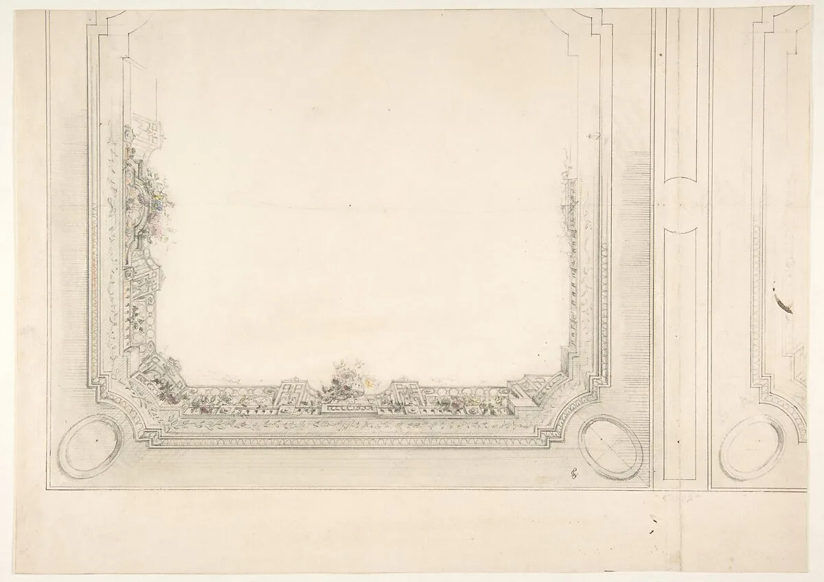 Partial design for a ceiling to be painted with a trompe l'oeil iron railing and roses — Jules-Edmond-Charles Lachaise|Eugène-Pierre Gourdet