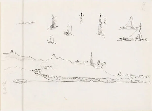 現代 謝稚柳 西湖舟楫保俶塔畫稿 冊頁|West Lake, Hangzhou: Boats and the Baoshu Pagoda — Xie Zhiliu