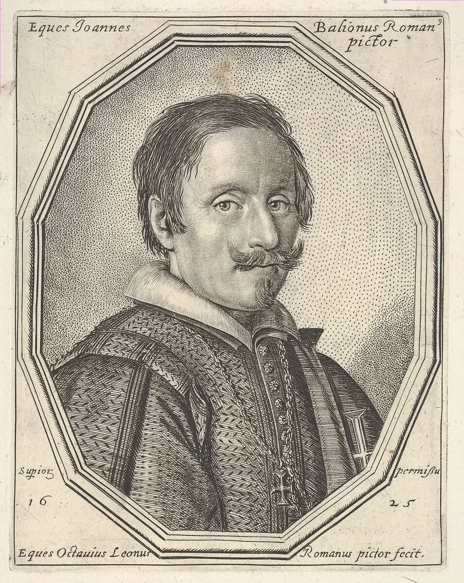 Giovanni Baglione, a bust-length portrait in a twelve-sided frame — Ottavio Leoni (Il Padovano)