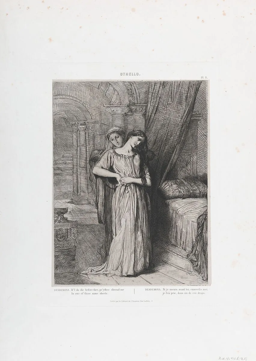 "If I do die before thee, pr'ythee shroud me in one of those same sheets": plate 8 from Othello (Act 4, Scene 3) — Théodore Chassériau|William Shakespeare