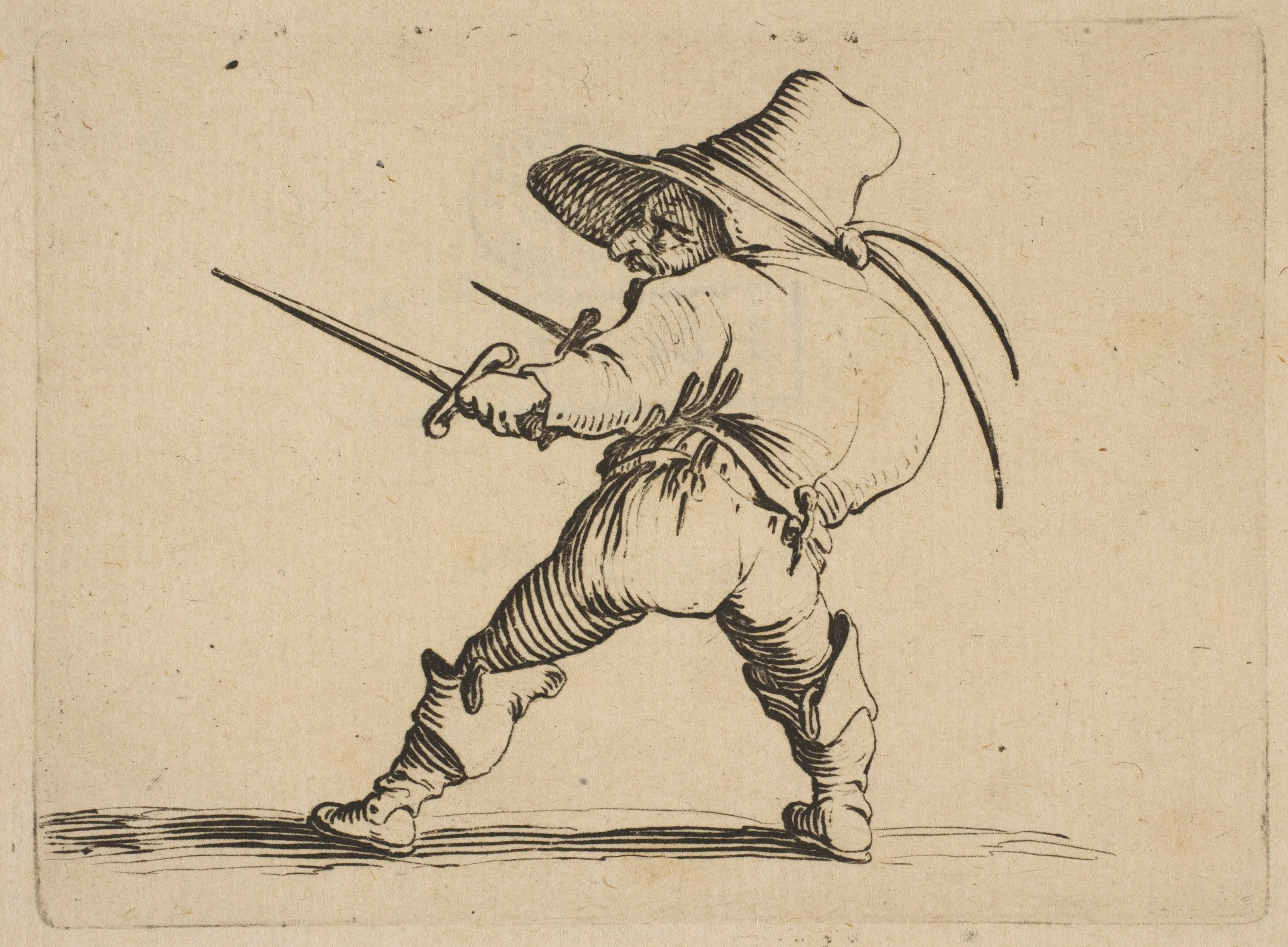 Le Duelliste a L'Épée et au Poignard (The Duelist with a Sword and Daggar), from Varie Figure Gobbi, suite appelée aussi Les Bossus, Les Pygmées, Les Nains Grotesques (Various Hunchbacked Figures, The Hunchbacks, The Pygmes, The Grotesque Dwarfs) — Jacques Callot
