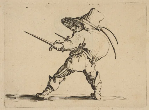 Le Duelliste a L'Épée et au Poignard (The Duelist with a Sword and Daggar), from Varie Figure Gobbi, suite appelée aussi Les Bossus, Les Pygmées, Les Nains Grotesques (Various Hunchbacked Figures, The Hunchbacks, The Pygmes, The Grotesque Dwarfs)