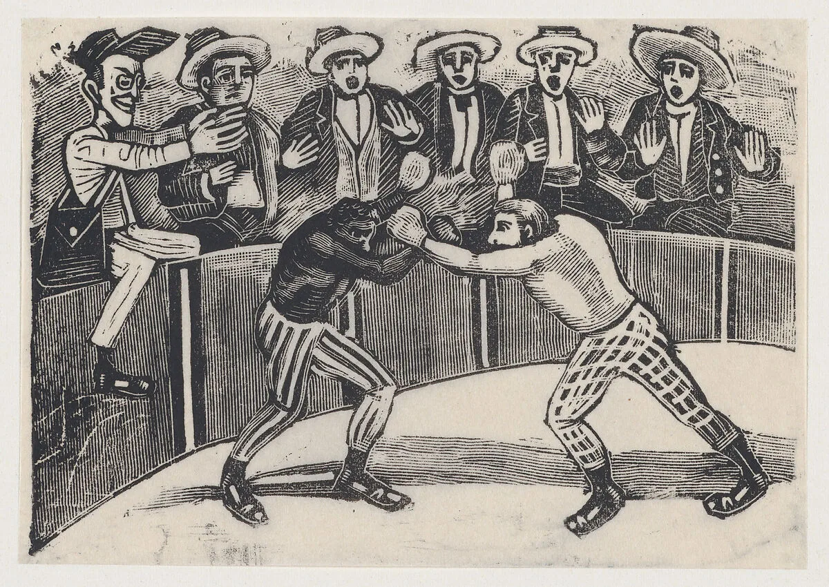 Don Chepito witnessing a boxing match between two men (one black, the other white) — José Guadalupe Posada