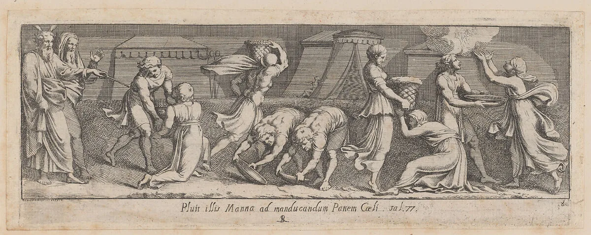 Plate 8: Israelites Collecting Manna, from Exodus 15 and 16, after a lost fresco in the basamento of Bay 8 of the Vatican Loggia — Pietro Santi Bartoli|Giovanni Giacomo De Rossi|Raphael (Raffaello Sanzio or Santi)
