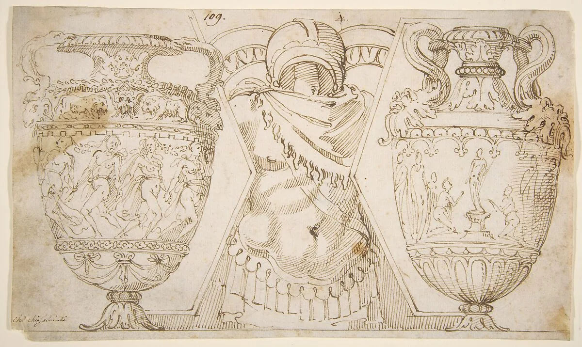 Ornamental Design with Amphore and Antique Style Armor (recto); Sketch with Two Figures (verso) — Polidoro da Caravaggio