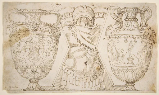 Ornamental Design with Amphore and Antique Style Armor (recto); Sketch with Two Figures (verso)