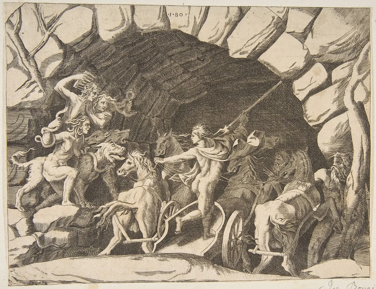 Pluto riding a chariot descending into Hell, from the 'Division of the Universe' — Giulio Bonasone