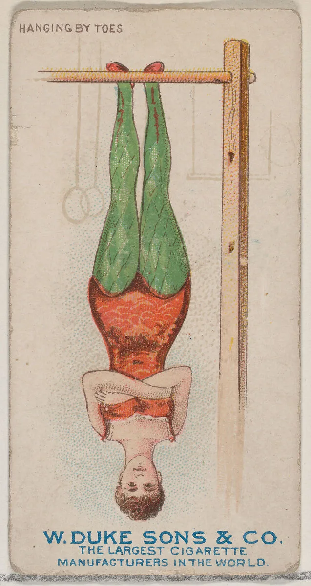 Hanging by Toes, from the Gymnastic Exercises series (N77) for Duke brand cigarettes — W. Duke, Sons & Co.