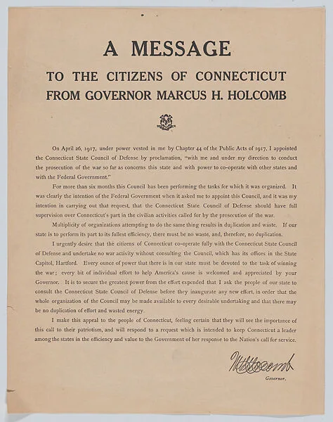 A message to the citizens of Connecticut from Governor Marcus H. Holcomb — Anonymous, American, 20th century
