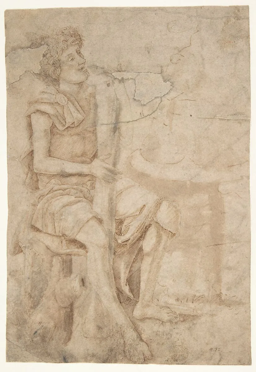 Seated Man Holding a Club or Other Implement (recto); Two Heads of Grotesque Men in Profile (verso) — Andrea Mantegna