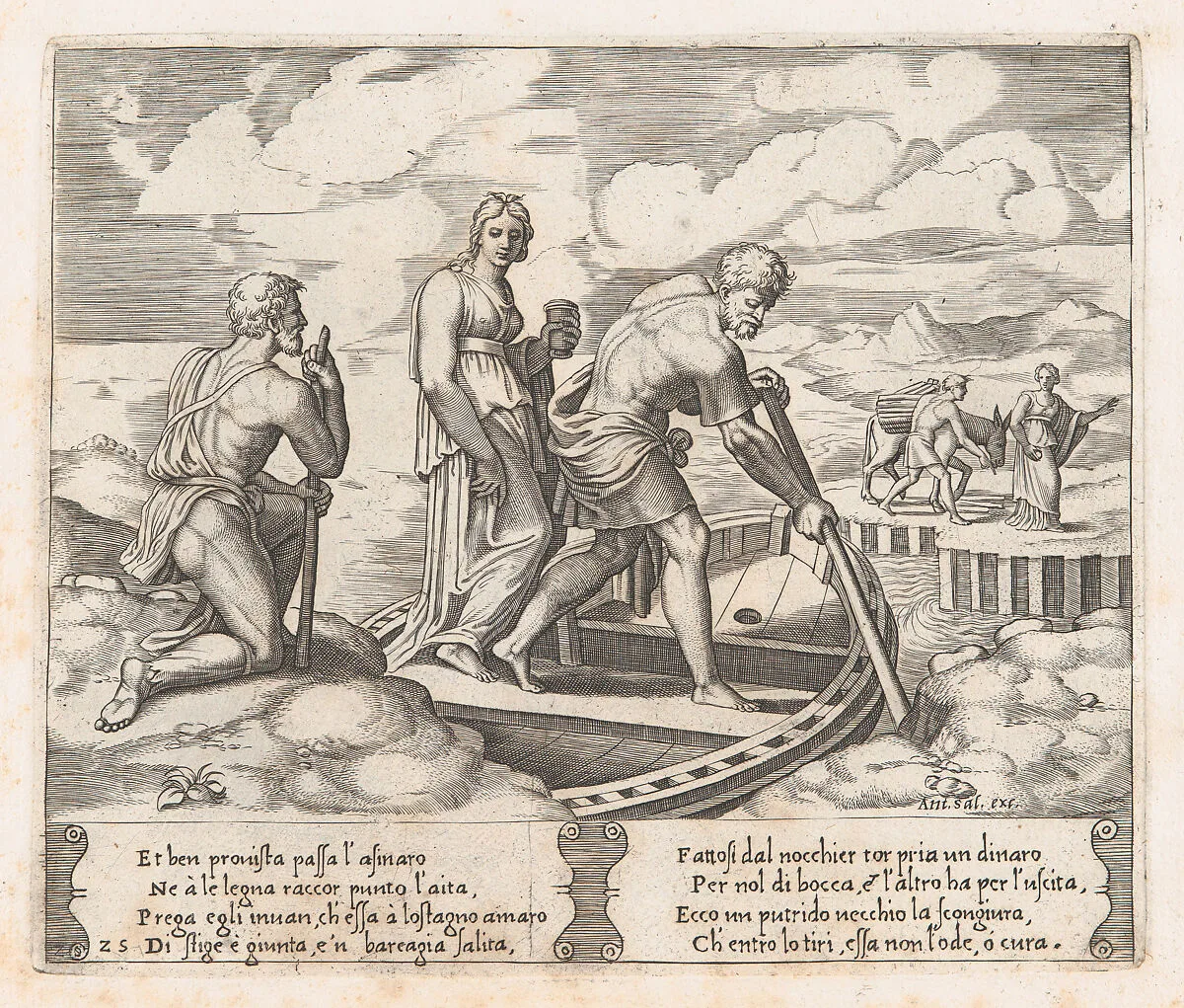 Plate 25: Psyche setting off in Charon's boat, ignoring the old man at left who requests alms, from "The Story of Cupid and Psyche as told by Apuleius" — Antonio Salamanca|Master of the Die|Michiel Coxie (I)