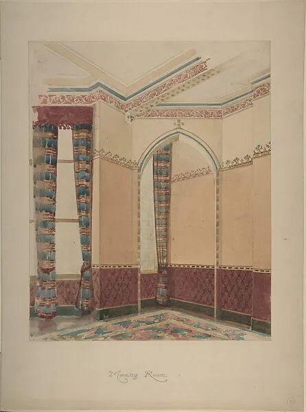 Interior of a Morning Room with Wainscoting, Striped Curtains, and Painted Walls — John Gregory Crace|John Dibblee Crace