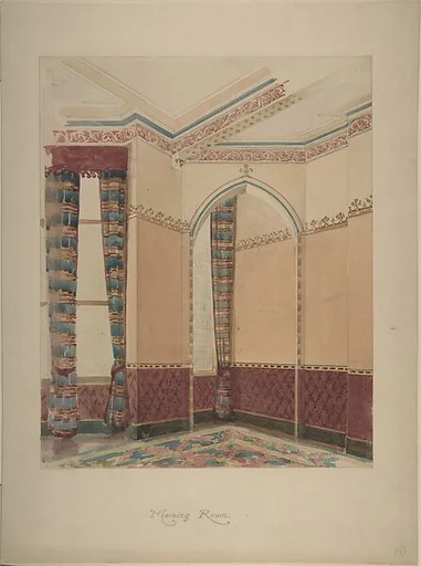 Interior of a Morning Room with Wainscoting, Striped Curtains, and Painted Walls