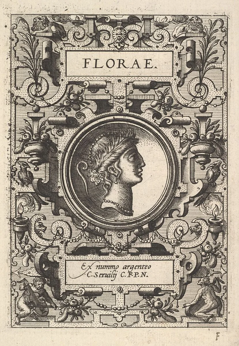Bust of Florae surrounded by strapwork, from the series 'Deorum dearumque,' a set of images of deities after coins in the collection of Abraham Ortelius — Anonymous, Netherlandish, 16th century|Philips Galle|Hans Vredeman de Vries