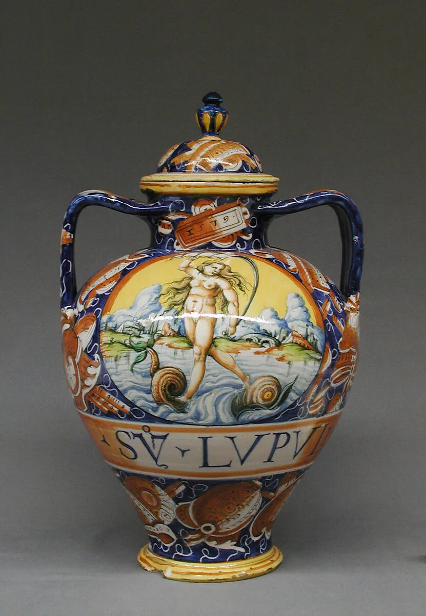 Lidded pharmacy jar with the personification of Fortuna — Unknown